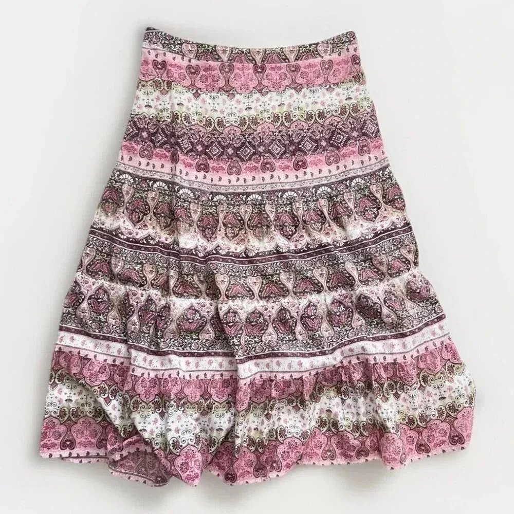 Vintage Y2K Paisley Brown Pink Print Tiered Midi Skirt Size 12 Fairy Grunge Boho